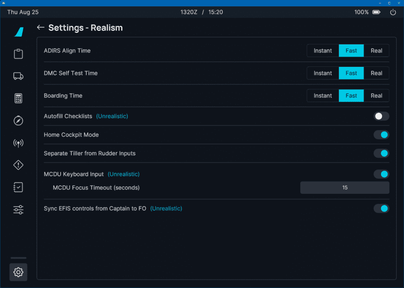 flyPad Settings Sim Options Tiller